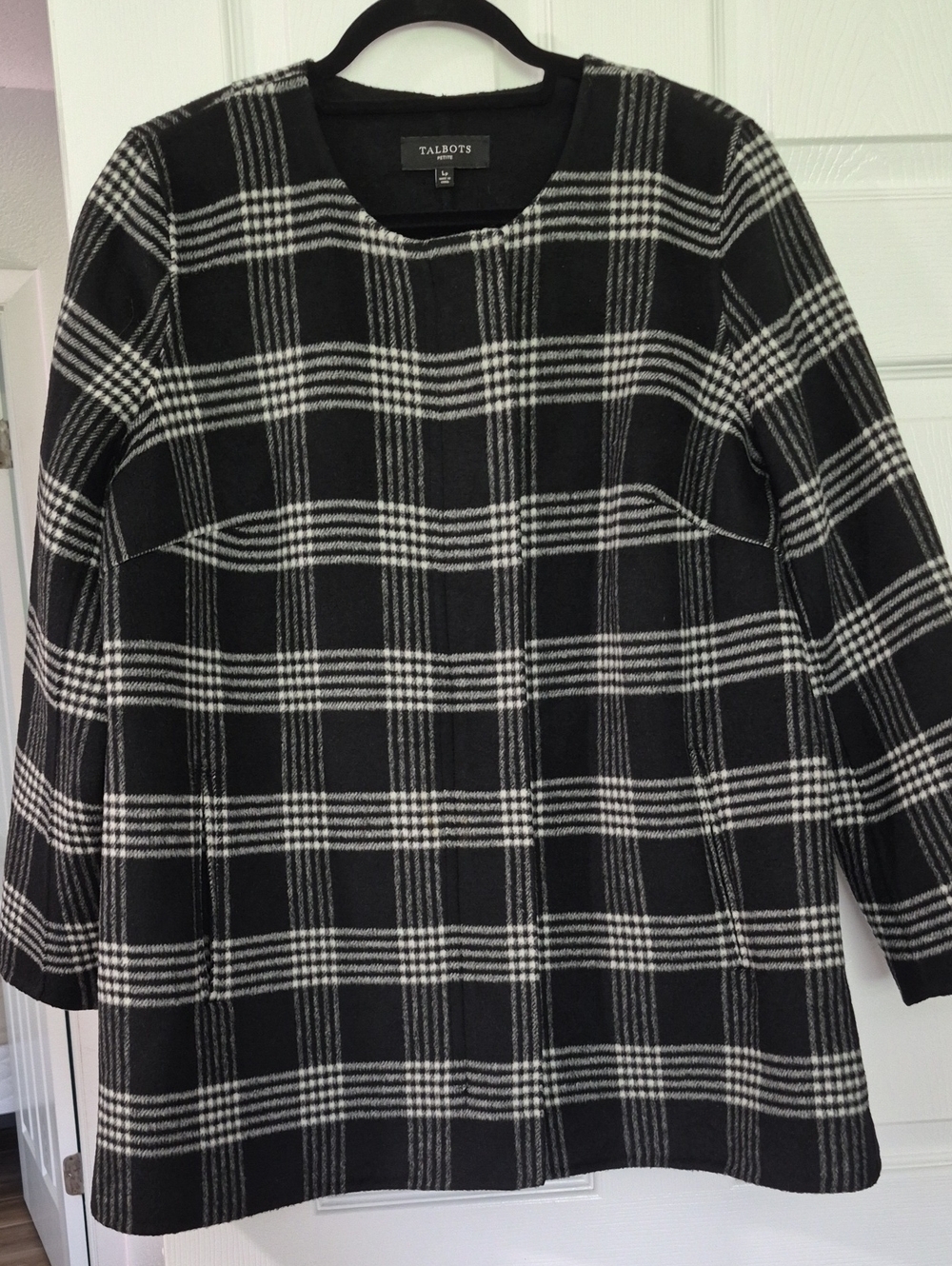 NWOT Talbots Black & White Plaid Wool Zippered Jacket Large Petite